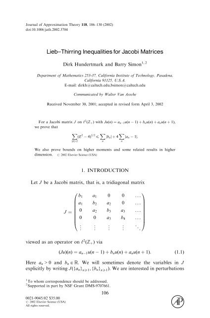 Lieb-Thirring Inequalities for Jacobi Matrices - Mathematics ...