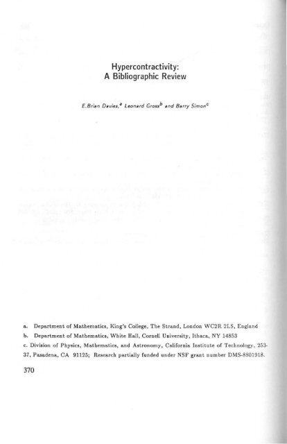 Hypercontractivity: A Bibliographic Review - Mathematics ...