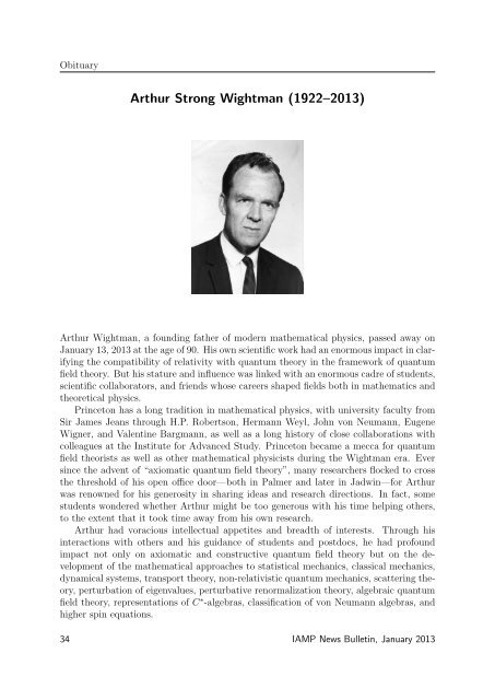 Arthur Strong Wightman (19222013) Mathematics Department