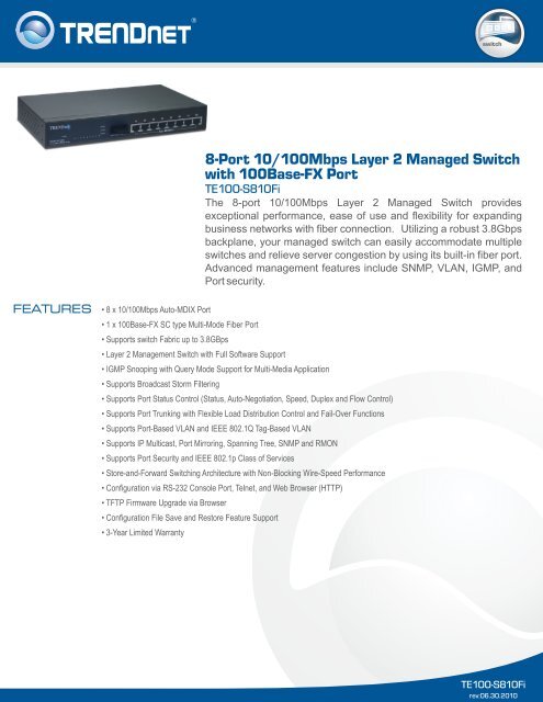 8-Port 10/100Mbps Layer 2 Managed Switch with 100Base-FX Port