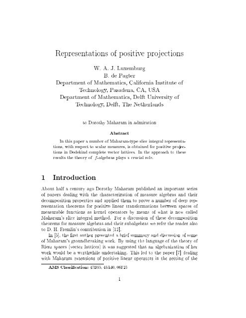 Representations of positive projections 1 Introduction - Mathematics ...