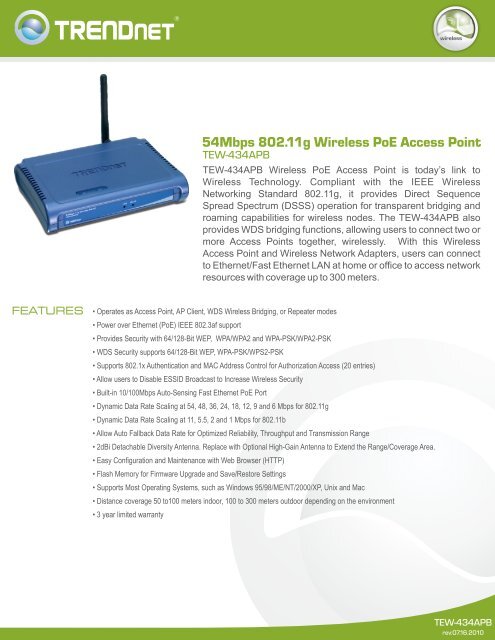 54Mbps 802.11g Wireless PoE Access Point - TRENDnet