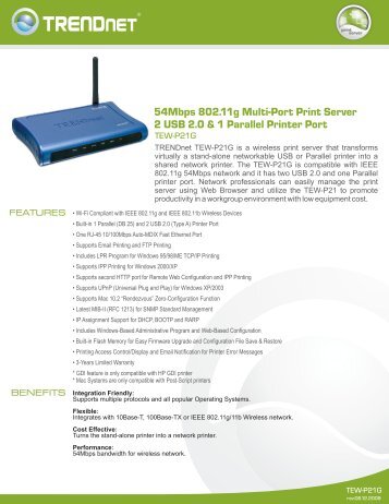 54Mbps 802.11g Multi-Port Print Server 2 USB 2.0 & 1 ... - TRENDnet