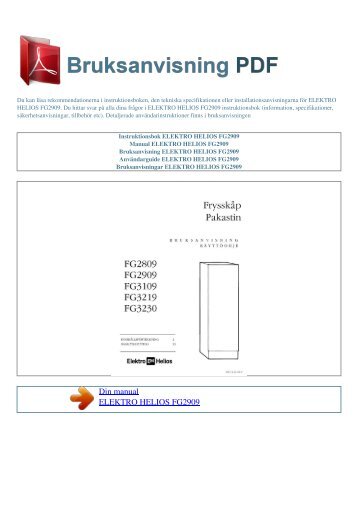 Instruktionsbok ELEKTRO HELIOS FG2909 - BRUKSANVISNING PDF