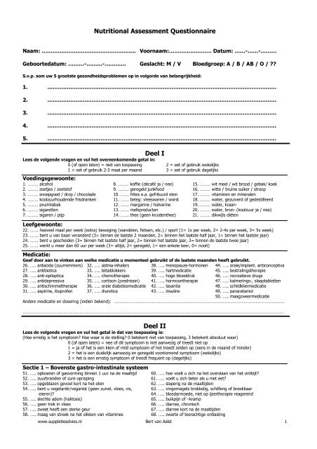 Nutritional Assessment Questionnaire Deel I Deel II