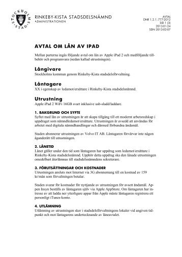 AVTAL OM LÅN AV IPAD Långivare Låntagare Utrustning - Insyn