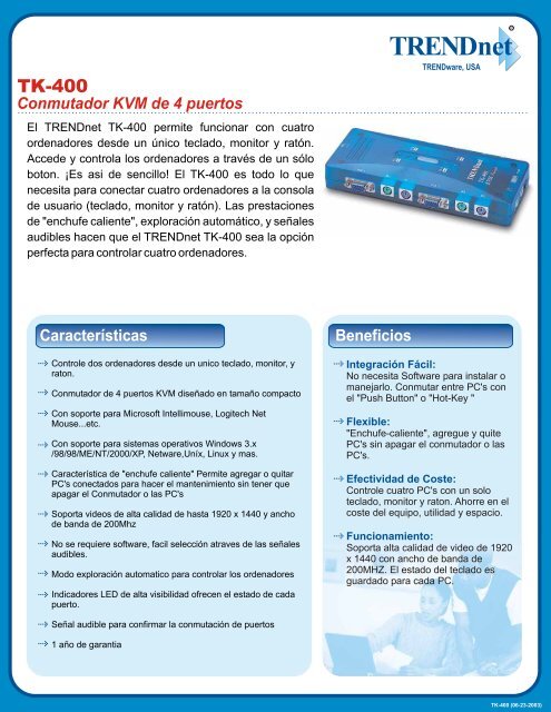 Conmutador KVM de 4 puertos Especificaciones - TRENDnet