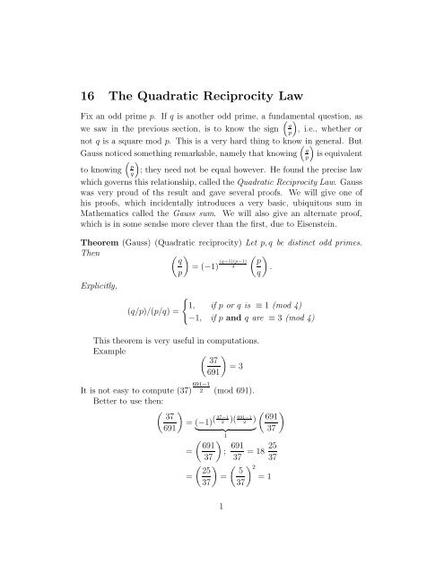 16 The Quadratic Reciprocity Law - Caltech Mathematics Department