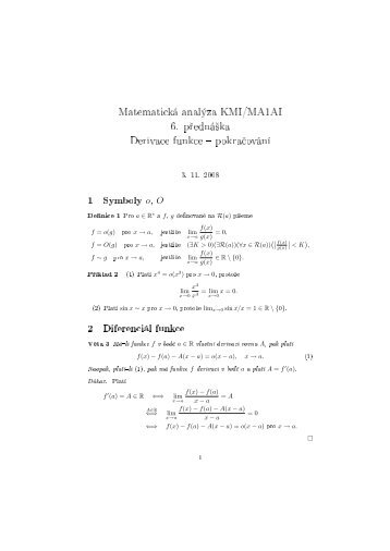 Matematická analýza KMI/MA1AI 6. p°edná²ka Derivace funkce ...