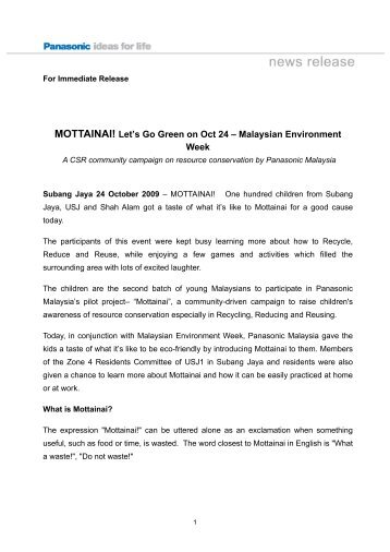 MOTTAINAI! Let's Go Green on Oct 24 ? Malaysian Environment Week
