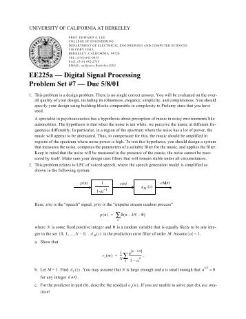 EE225a — Digital Signal Processing Problem Set #7 — Due 5/8/01 ...