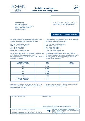 Parkplatzreservierung Reservation of Parking Space - Achema ...