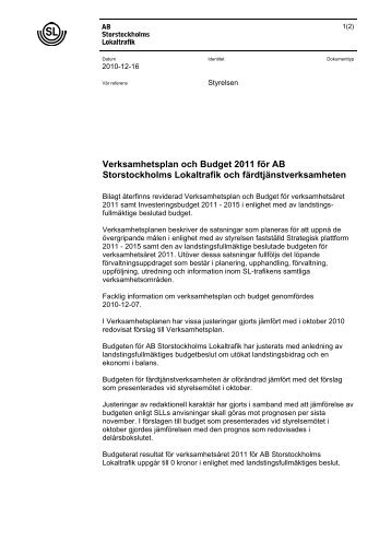 Verksamhetsplan och Budget 2011 för AB Storstockholms ... - SL