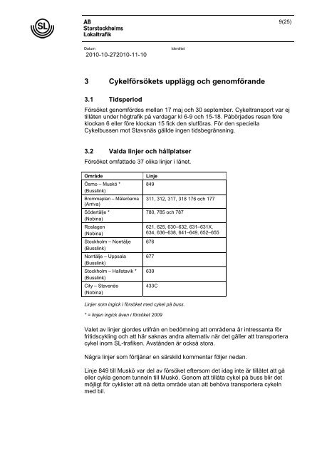 Återrapportering av försök med cykel på buss - SL