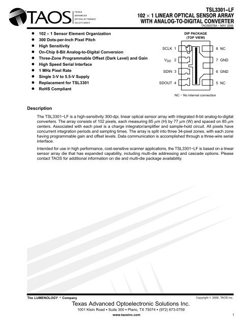 TSL3301−LF 102 × 1 LINEAR OPTICAL SENSOR ARRAY WITH ...