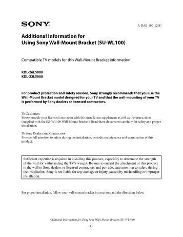 Additional Information for Using Sony Wall-Mount Bracket (SU-WL100)