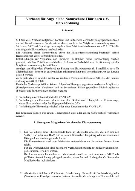 Verband für Angeln und Naturschutz Thüringen e.V. Ehrenordnung
