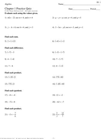 Algebra - Chapter 1 Quiz Retake Packet NO KEY