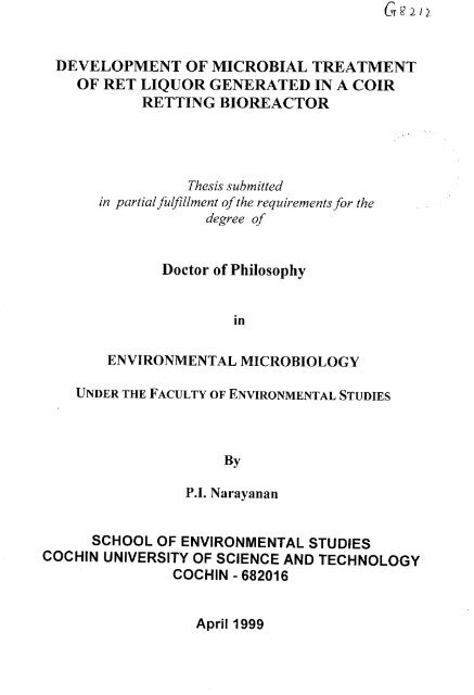 "Development of microbial treatment of ret liquor generated in a coir ...