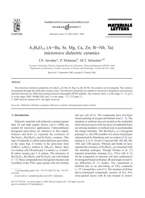 microwave dielectric ceramics - Cochin University of Science and ...