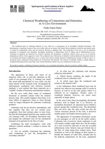 Chemical Weathering of Limestones and Dolomites ... - Speleogenesis