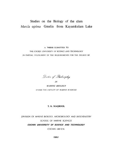 Studies on the Biology of the Clam Marcia opima Gmelin from ...