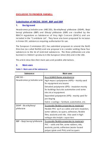 Substitution of HBCDD, DEHP, BBP and DBP - Farnell