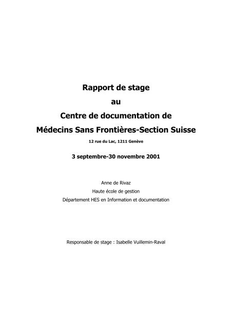 Rapport de stage au Centre de documentation de Médecins Sans ...