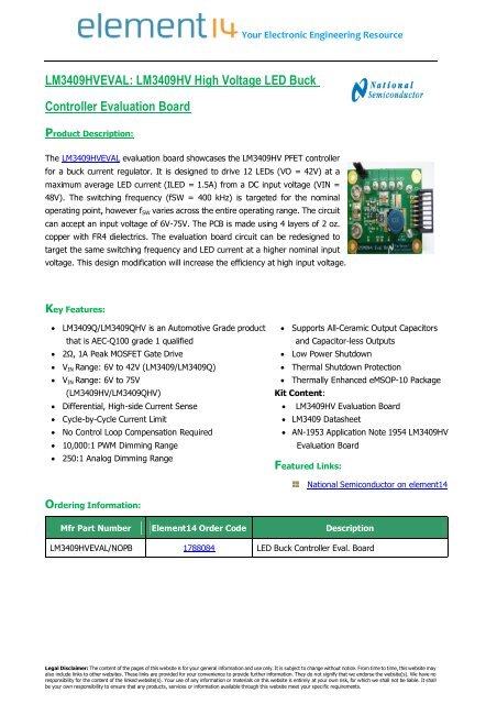 LM3409HV High Voltage LED Buck Controller ... - Element14