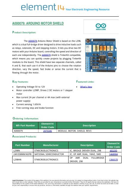 A000079: ARDUINO MOTOR SHIELD - Element14