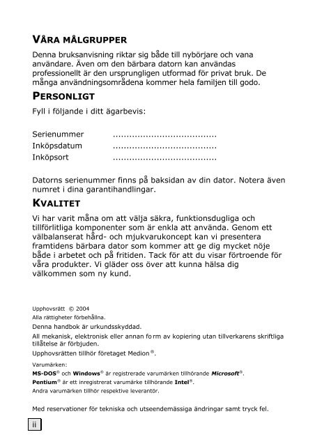 INFORMATION TILL BRUKSANVISNINGEN - medion