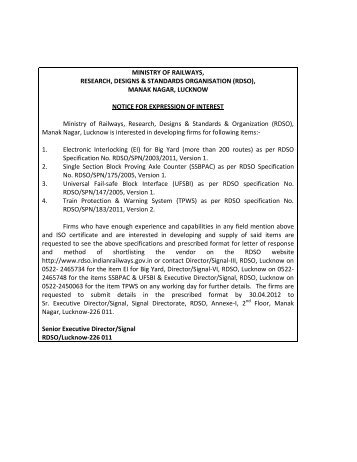 (rdso), manak nagar, lucknow notice for expression of in