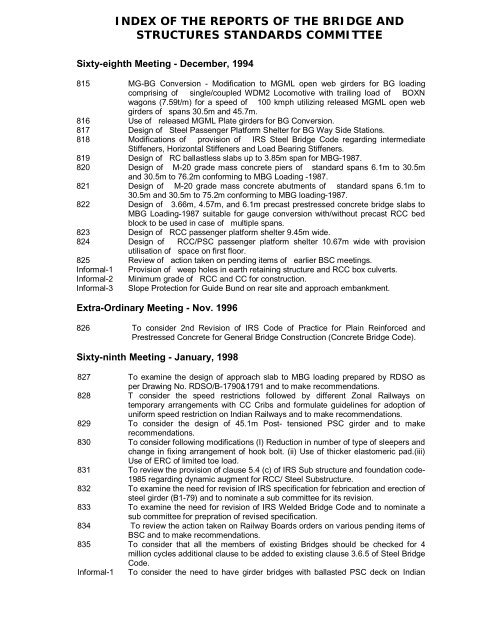 index of the reports of the bridge and structures standards committee