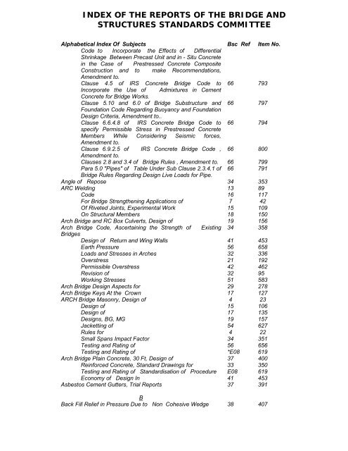 index of the reports of the bridge and structures standards committee