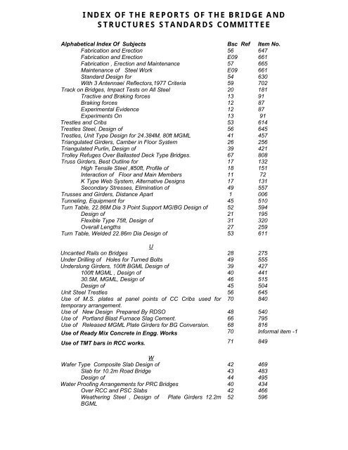 index of the reports of the bridge and structures standards committee