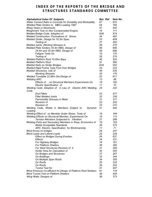 index of the reports of the bridge and structures standards committee