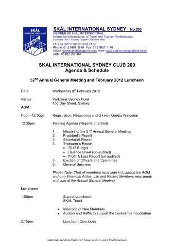 SKAL INTERNATIONAL SYDNEY CLUB 200 Agenda & Schedule ...