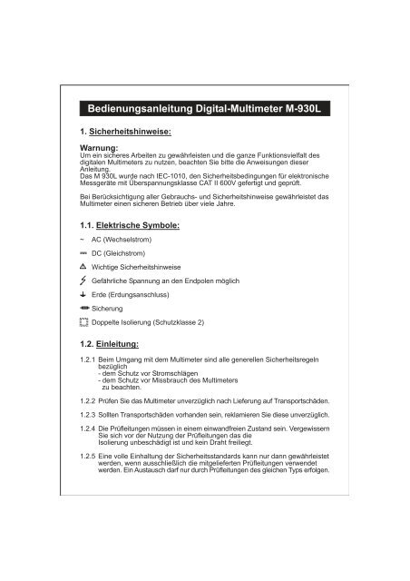 Bedienungsanleitung Digital-Multimeter M-930L - Wentronic