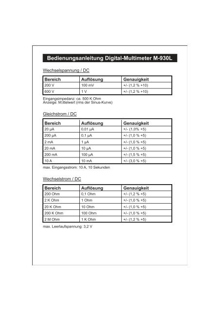 Bedienungsanleitung Digital-Multimeter M-930L - Wentronic