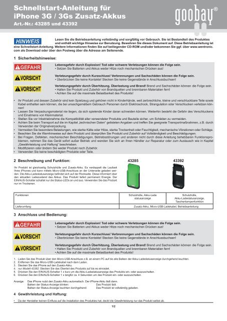 Schnellstart-Anleitung für iPhone 3G / 3Gs Zusatz-Akkus - Wentronic
