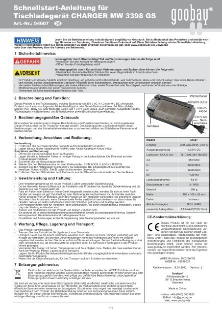 Schnellstart-Anleitung für Tischladegerät CHARGER ... - Wentronic