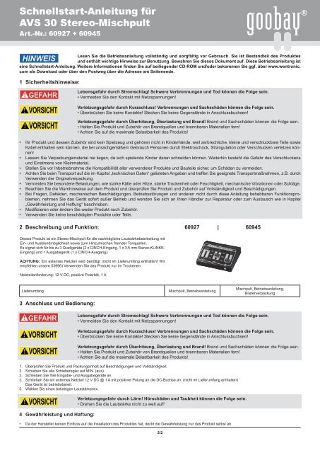 Schnellstart-Anleitung für AVS 30 Stereo-Mischpult - Wentronic