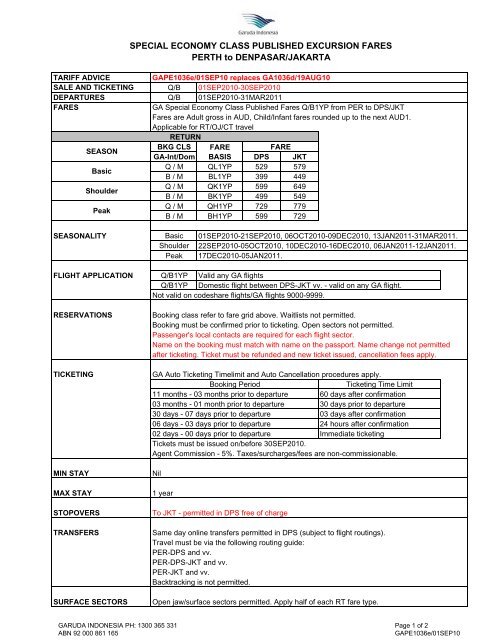 SPECIAL ECONOMY CLASS PUBLISHED EXCURSION FARES ...