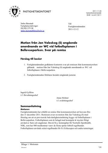 Motion från Jan Valeskog (S) angående anordnande av WC vid ...