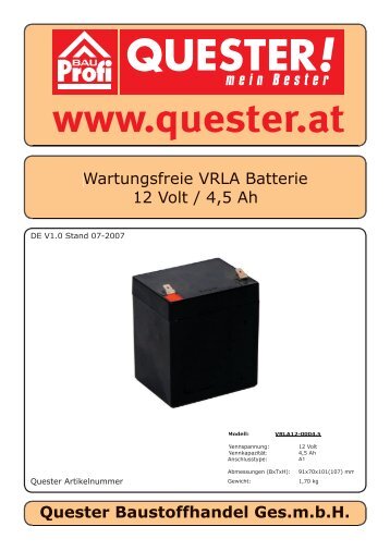 Wartungsfreie VRLA Batterie 12 Volt / 4,5 Ah Quester ... - Rotek