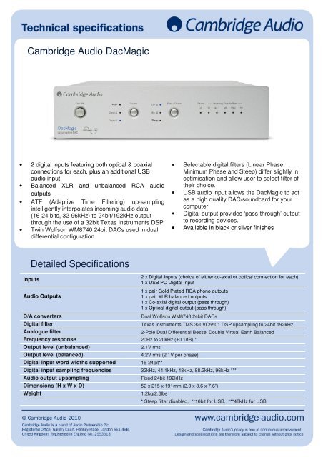 DacMagic Technical Specification - Cambridge Audio
