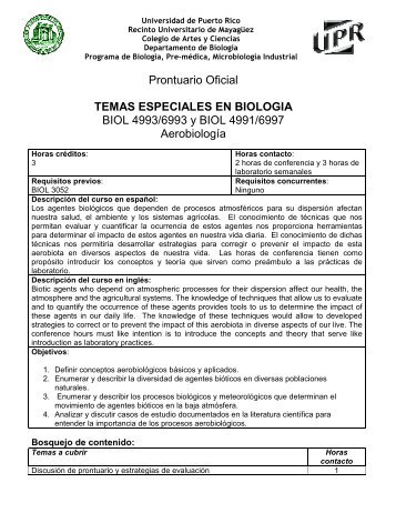 Temas Especiales en Biología (BIOL 4993/6993 y ... - Biología - UPRM