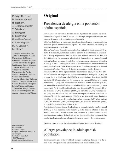 Prevalencia de alergia - Alergología e Inmunología Clínica