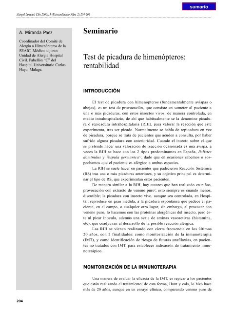 Seminario Test de picadura de himenópteros: rentabilidad