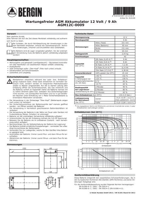 Wartungsfreier AGM Akkumulator 12 Volt / 9 Ah AGM12C-0009 - Rotek